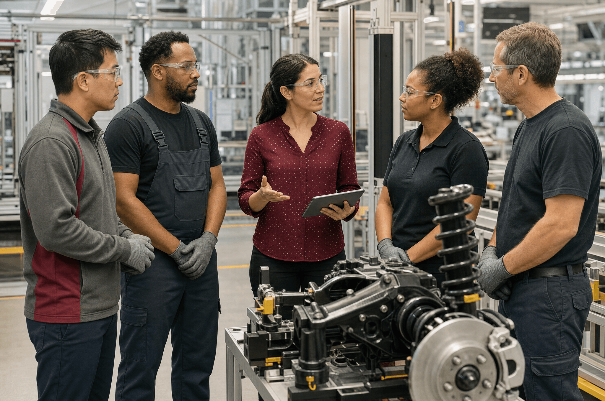 Manufacturing team discussing work beside an assembly line