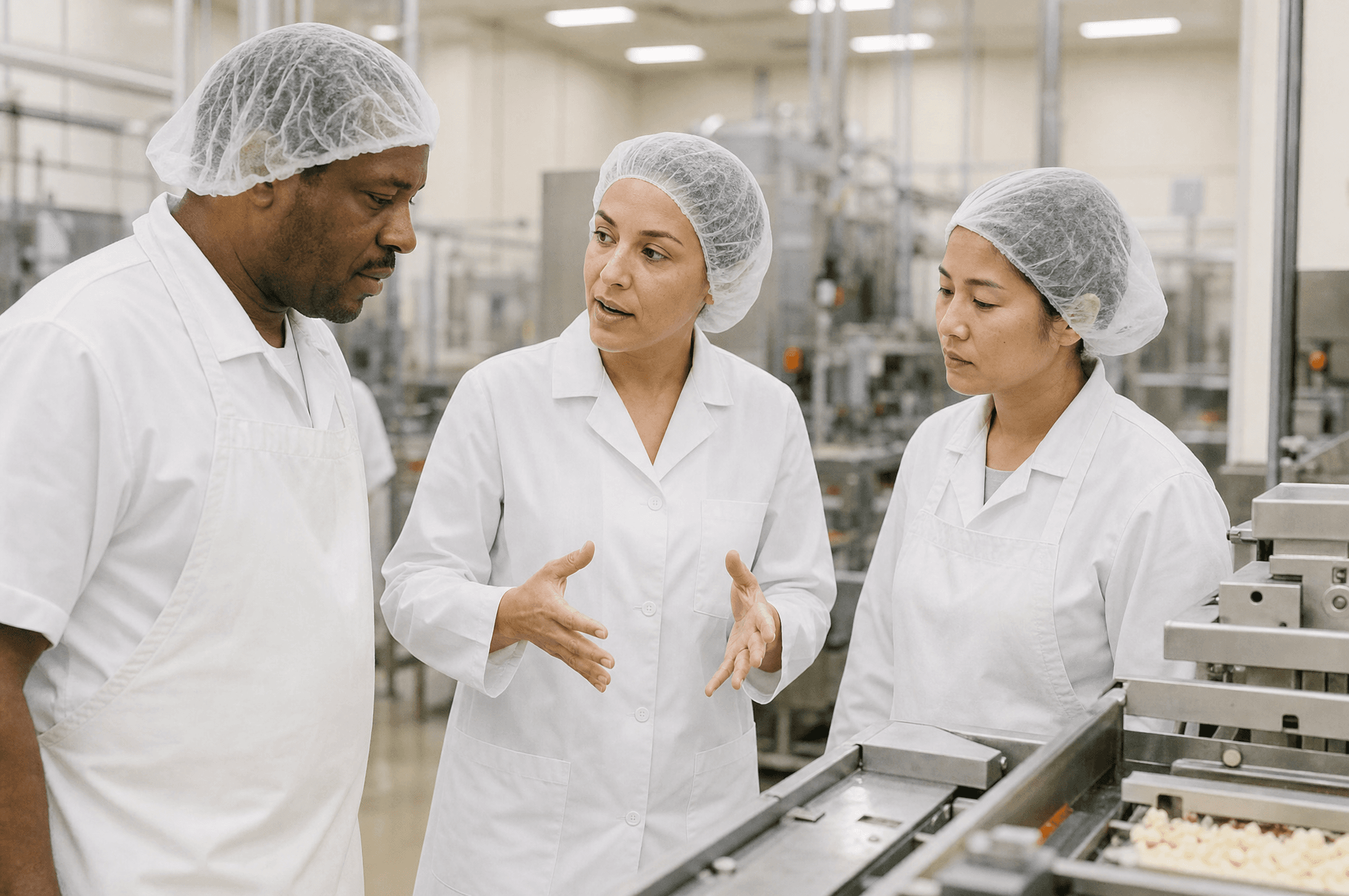 Food manufacturing team beside a processing line