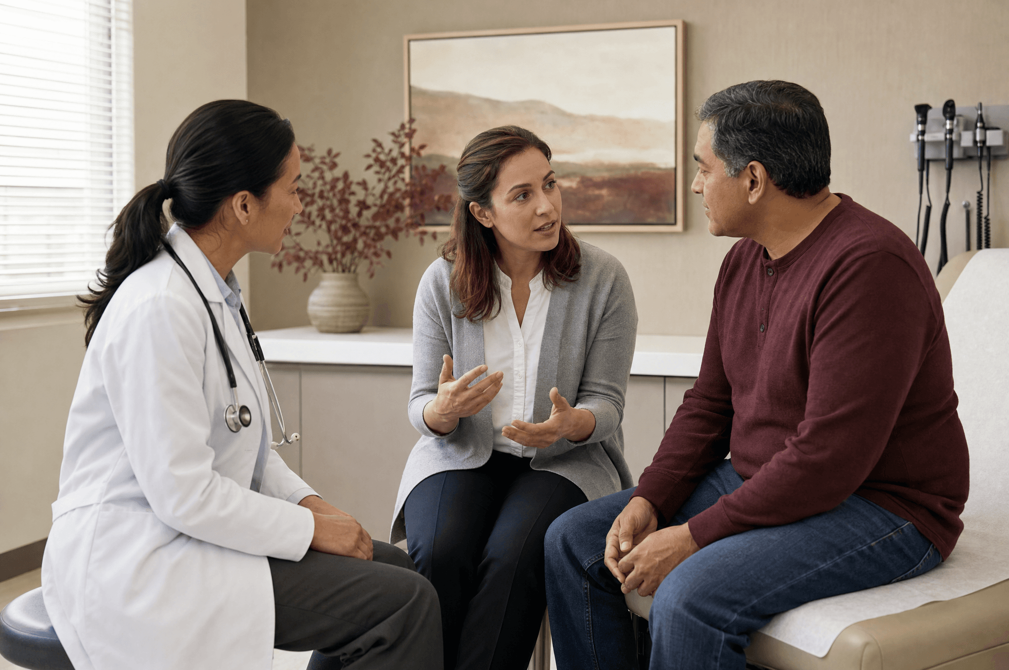 Healthcare professional and two patients in a medical consultation